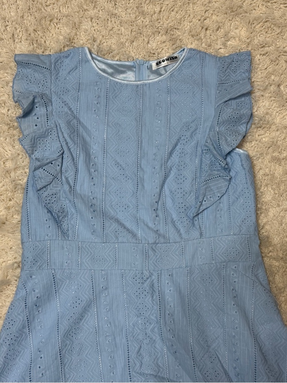 NWOT women’s size large Ecowish Light Blue Eyelet Ruffle Sleeve Dress - Picture 2 of 9